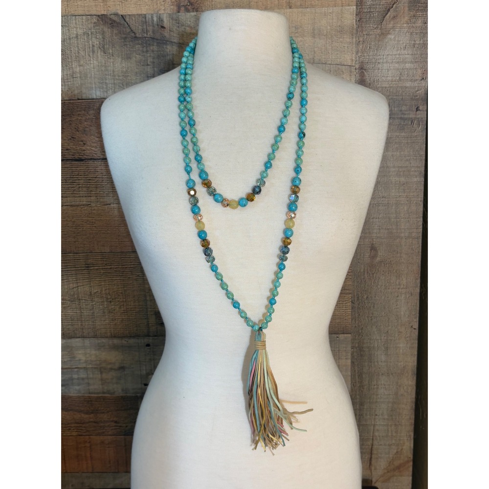 Turquoise Beaded Tassel Necklace Hand Knotted Long Boho Southwestern